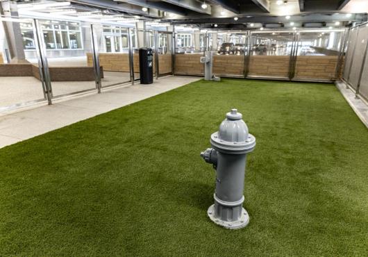 An outdoor animal relief area with faux grass and fire hydrant