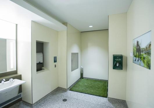 An indoor pet relief area with grass and a sink