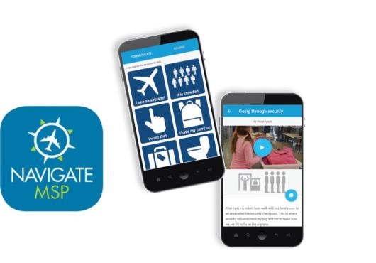 Two phones are displayed showing the Navigate MSP Airport App