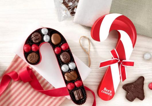 A candy cane box of holiday chocolates