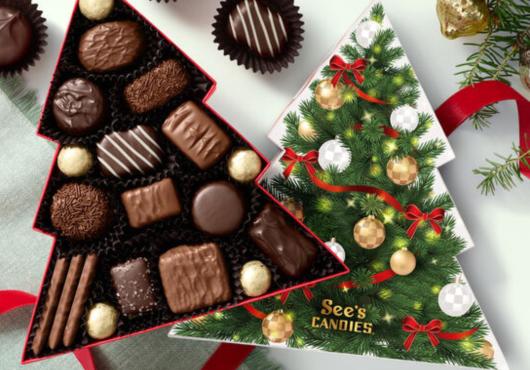A Christmas tree shaped box of holiday chocolates