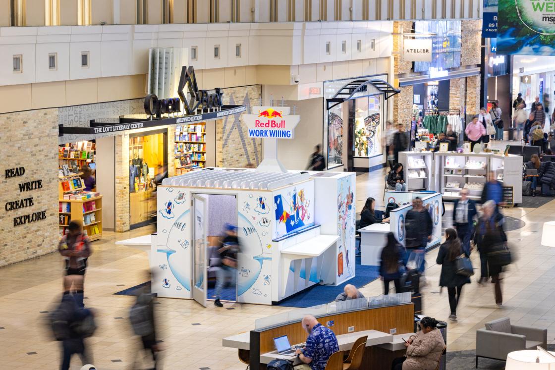 Red Bull work stations in the Terminal 1 airport mall.