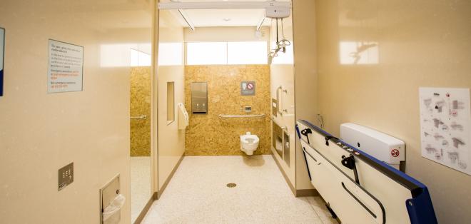 A single-use restroom with a hoist and an adult changing table