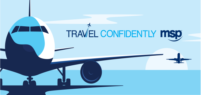 A graphic of a plane with the "Travel Confidently MSP" logo